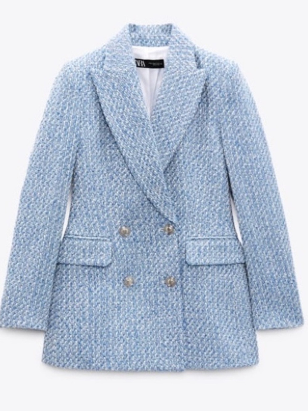 Zara Light Blue Tweed Double-Breasted Blazer Missing one button